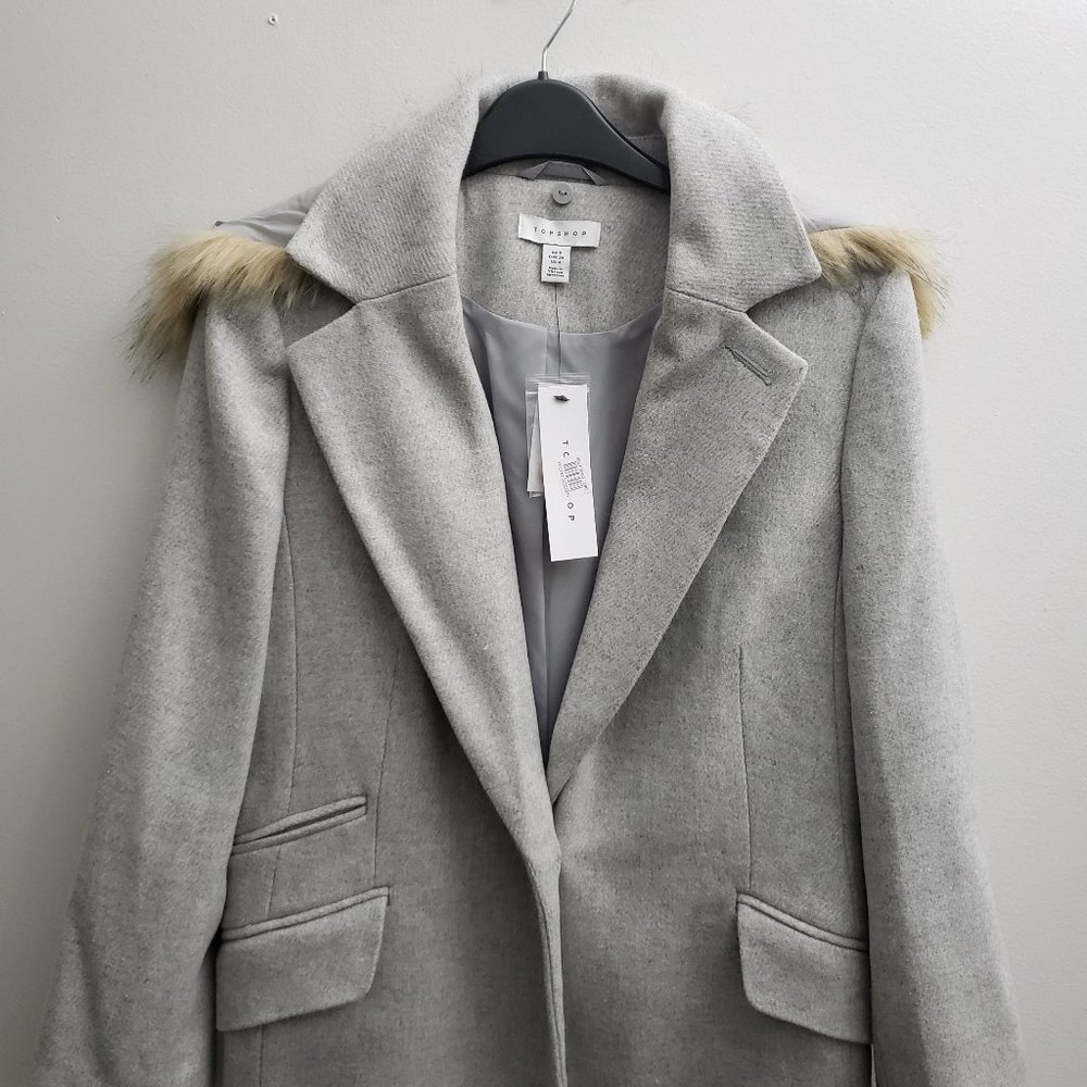 Topshop Gray Long Coat Faux Fur Trim Pocket - Picture 2 of 8